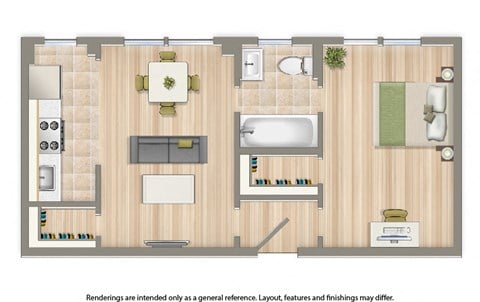 Floor plan for 1 bed, 1 bath, 514 sqft